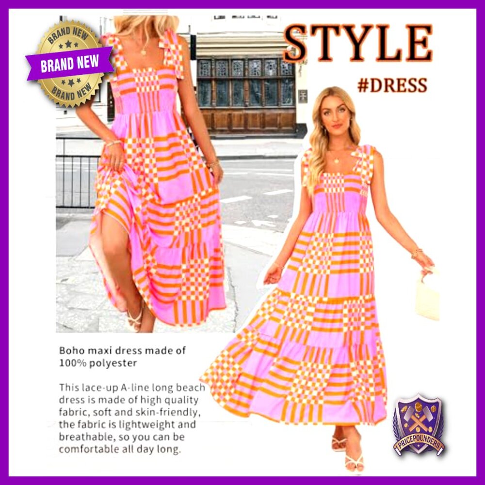Boho Maxi Dress Spaghetti Straps Square Neck Smocked Waist A-Line Beach Casual - Picture 3 of 5